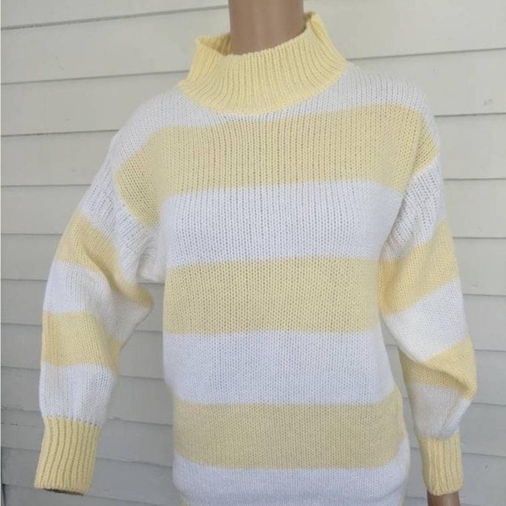 80s Yellow Striped Sweater Mock Acrylic Pastel Victoria Jones S - Picture 5 of 5